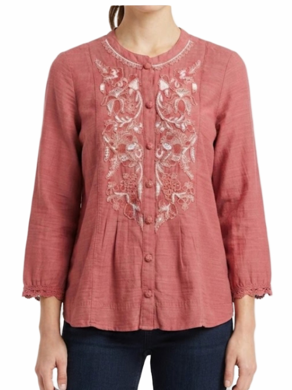 Soft Surroundings Boho Embroidered Silk Blend Button-Front Blouse Size M in Rose